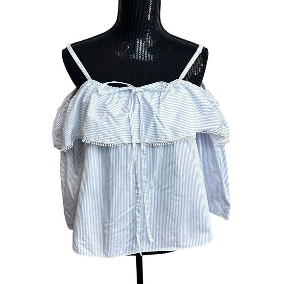 Jonathan Simkhai Top Sz XS Striped Ruffle Off The Shoulder 3/4 Sleeve Blue White - Picture 2 of 10